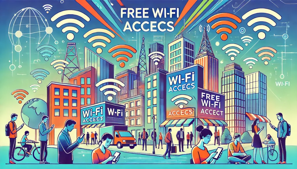 Ilustração mostrando uma cidade moderna com sinais de Wi-Fi emanando dos prédios, representando acesso gratuito à internet.