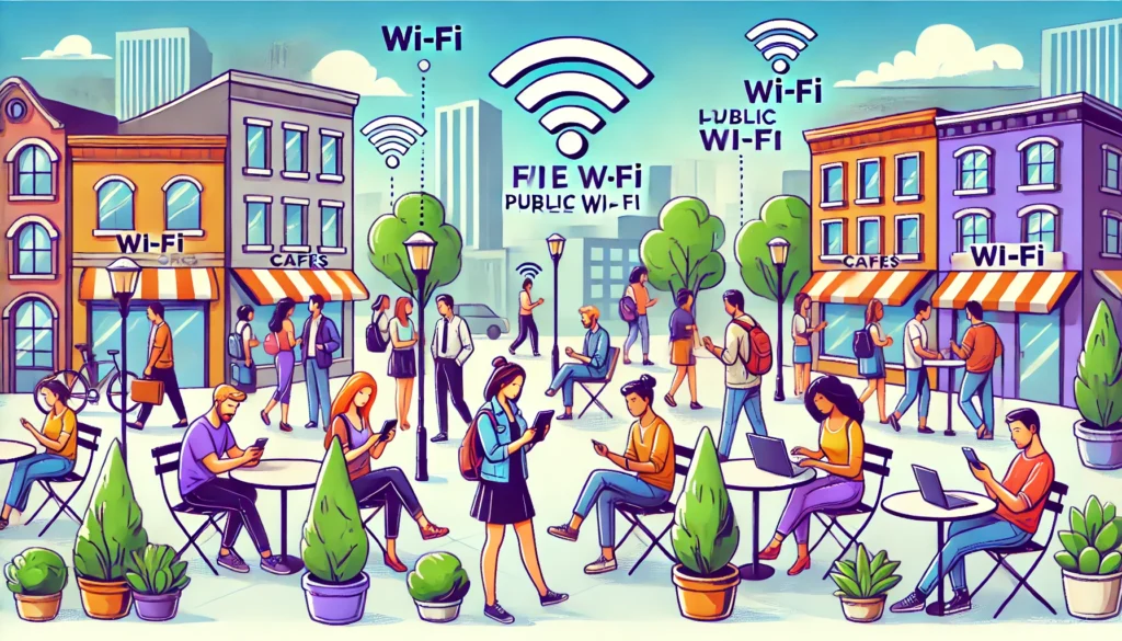 Ilustração de pessoas diversas em um ambiente urbano conectando-se a redes Wi-Fi com dispositivos móveis