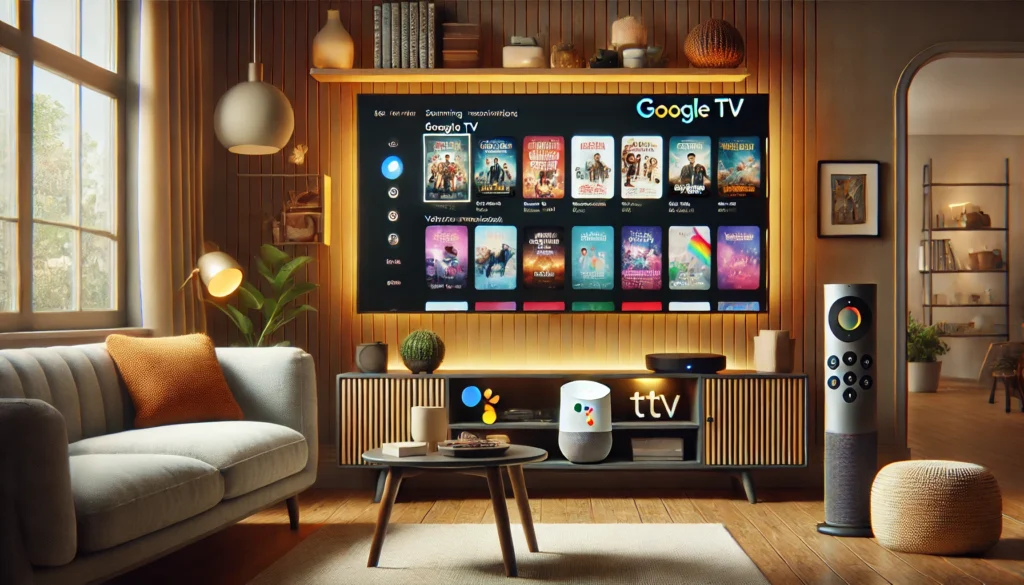 Sala de estar aconchegante com TV inteligente exibindo a interface do Google TV