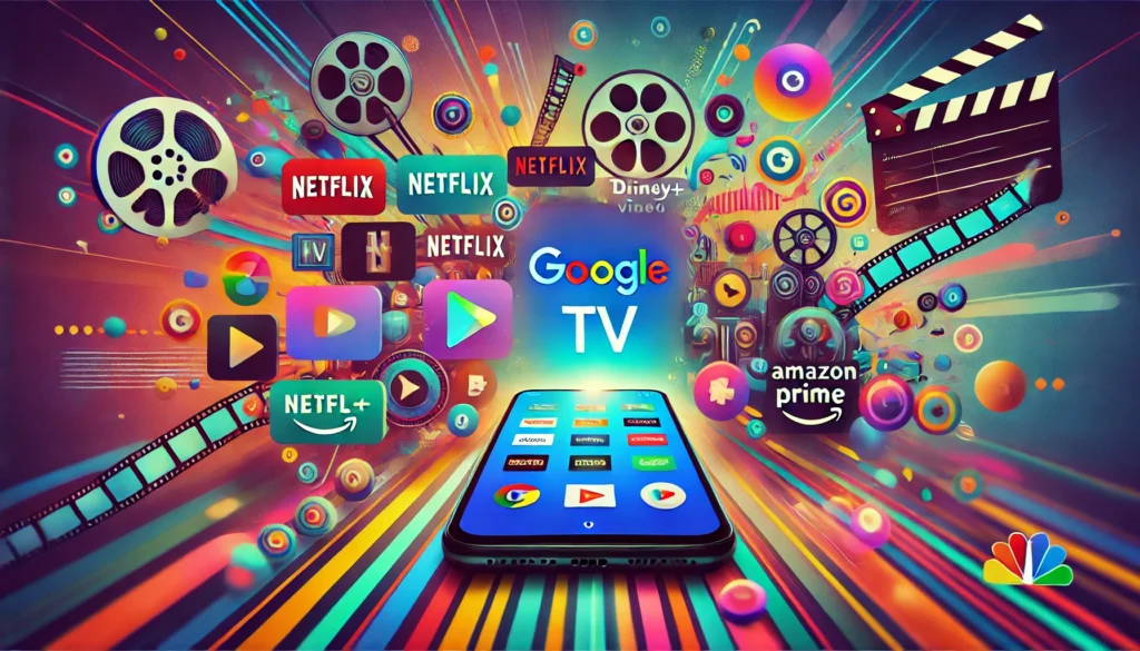 Smartphone exibindo a interface do Google TV, com ícones de serviços de streaming como Netflix, Disney+ e Amazon Prime Video.