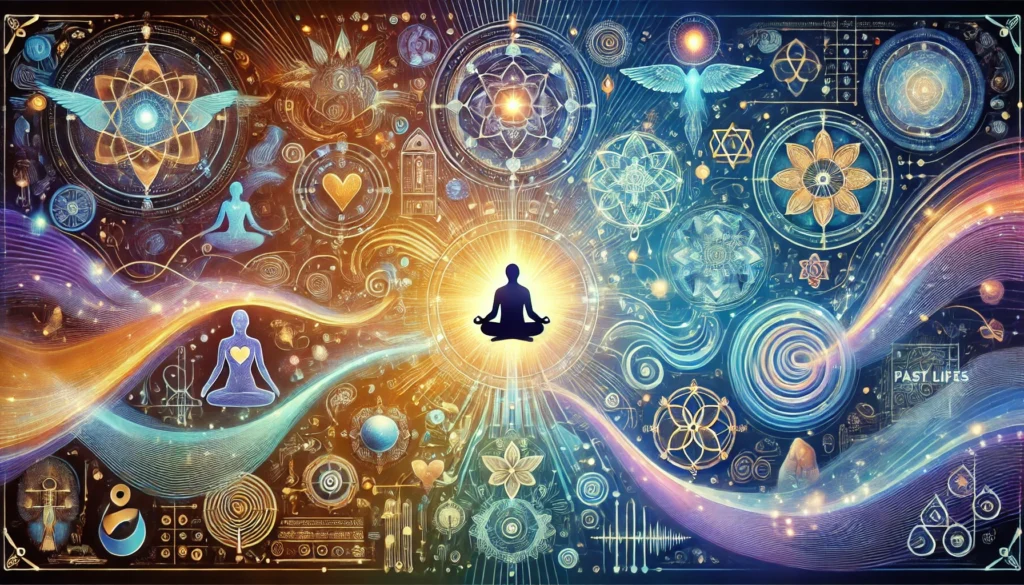 Ilustração abstrata representando o conceito de exploração de vidas passadas e jornada espiritual, com caminhos de luz, silhuetas humanas em meditação e padrões de energia fluindo.