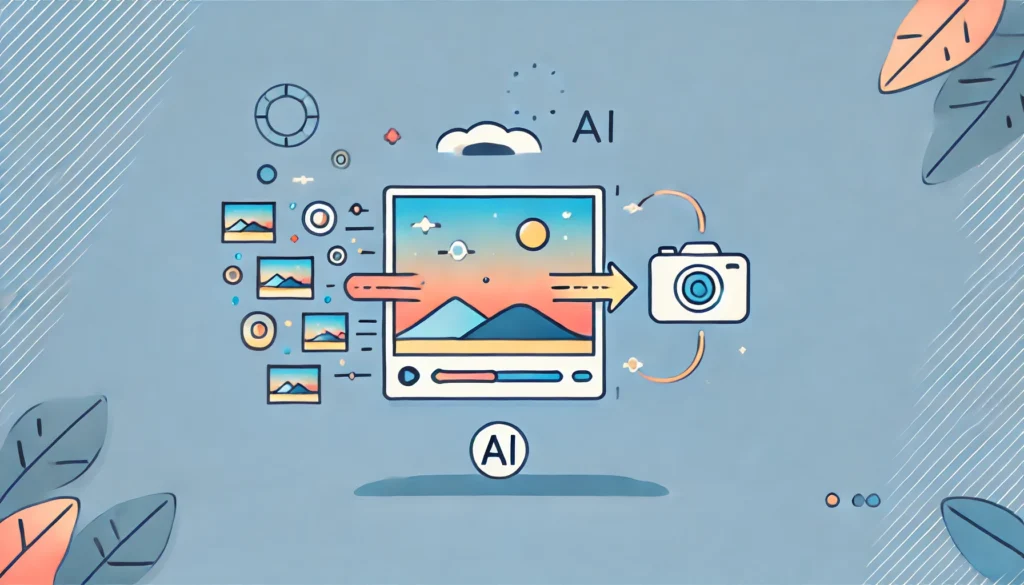  Ilustração mostrando a transformação de fotos em vídeos utilizando inteligência artificial, com elementos como movimento e transições visuais.