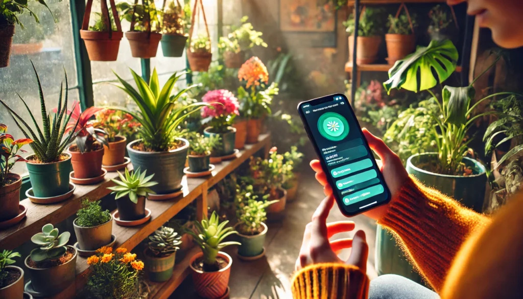 Cena vibrante em ambiente interno com diversas plantas em vasos coloridos, uma pessoa usando um smartphone para escanear uma planta, com a tela mostrando informações de identificação e cuidados.