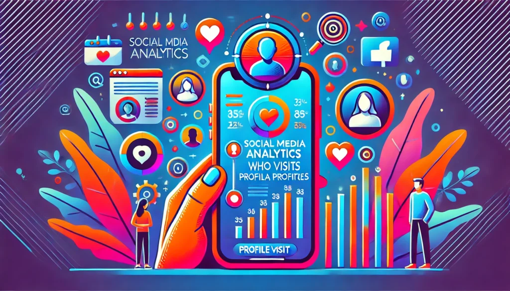 Imagem ilustrativa mostrando estatísticas de visitação em redes sociais, com elementos como um smartphone exibindo dados de visitas ao perfil, ícones de diferentes plataformas sociais e símbolos visuais de privacidade e curiosidade.