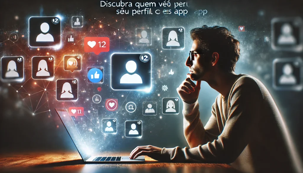 Pessoa olhando curiosamente para a tela de um laptop, rodeada por ícones digitais que representam notificações e elementos de redes sociais, com um fundo de gradientes que cria um clima de mistério.