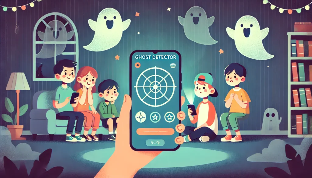 Ilustração divertida de um grupo de amigos usando um smartphone com um app de detecção de fantasmas, em uma sala levemente escura, com fantasmas amigáveis ao fundo e orbes brilhantes.