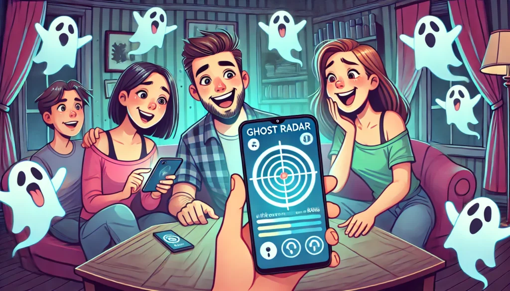 Ilustração de um grupo de amigos usando um smartphone para detectar fantasmas, com um radar de caça-fantasmas na tela.