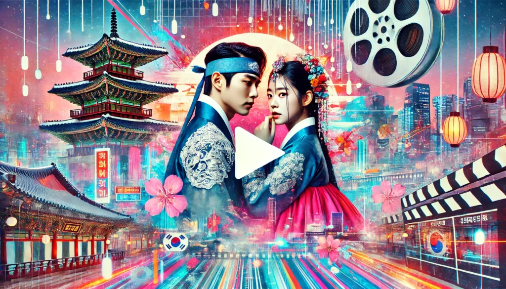 Imagem ilustrativa representando o interesse em doramas, com um casal em Hanbok, cenário de cidade moderna com luzes neon e elementos como flores de cerejeira e uma filmagem digital.