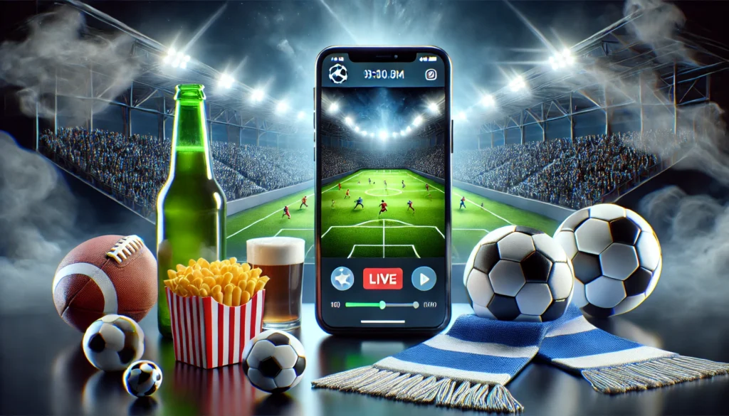 Interface moderna de um aplicativo exibindo uma partida de futebol ao vivo em um smartphone, com itens temáticos como bola, cachecol e snacks, e uma atmosfera de estádio ao fundo.