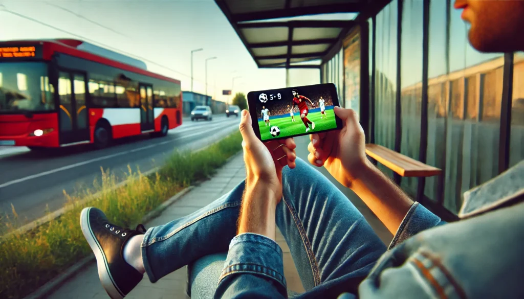 Pessoa assistindo futebol no celular enquanto espera no ponto de ônibus.