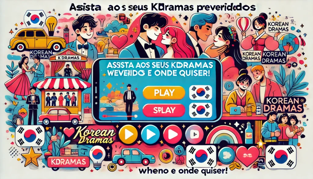 Banner ilustrativo de dramas coreanos mostrando dispositivos móveis transmitindo conteúdo, cenas vibrantes de dramas românticos, e ícones de reprodução e legendas, com a frase 'Assista aos Seus Kdramas Preferidos Quando e Onde Quiser!'.