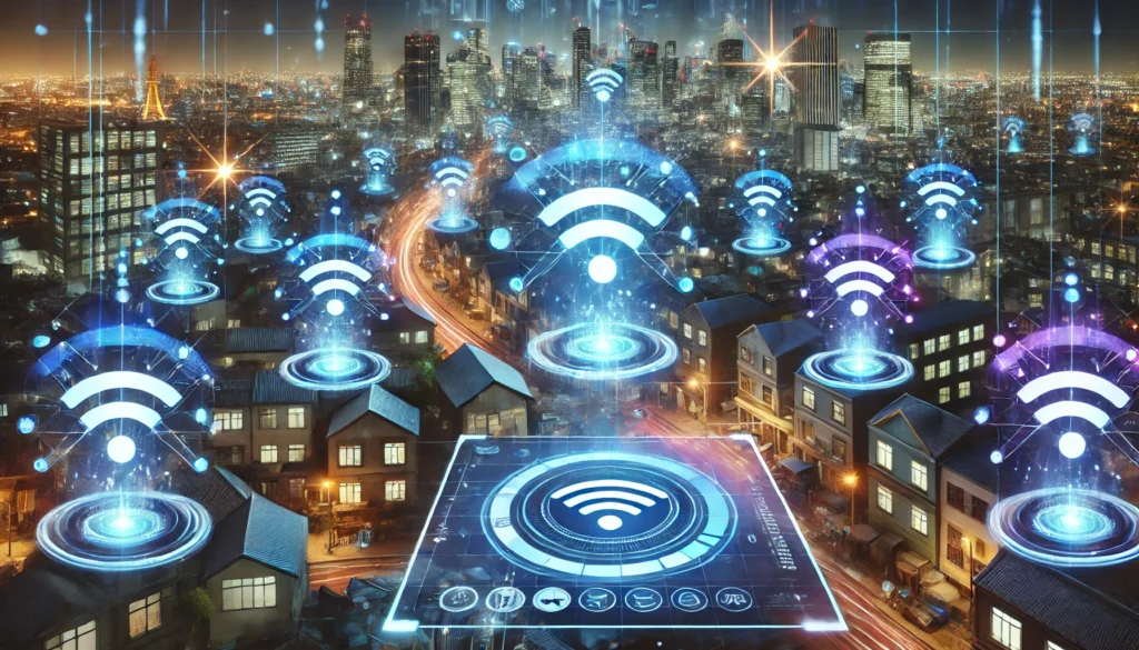 Imagem 19:6 de uma cidade futurista iluminada à noite, com ícones de Wi-Fi brilhando sobre os prédios e uma interface holográfica no primeiro plano, simbolizando conectividade e tecnologia.