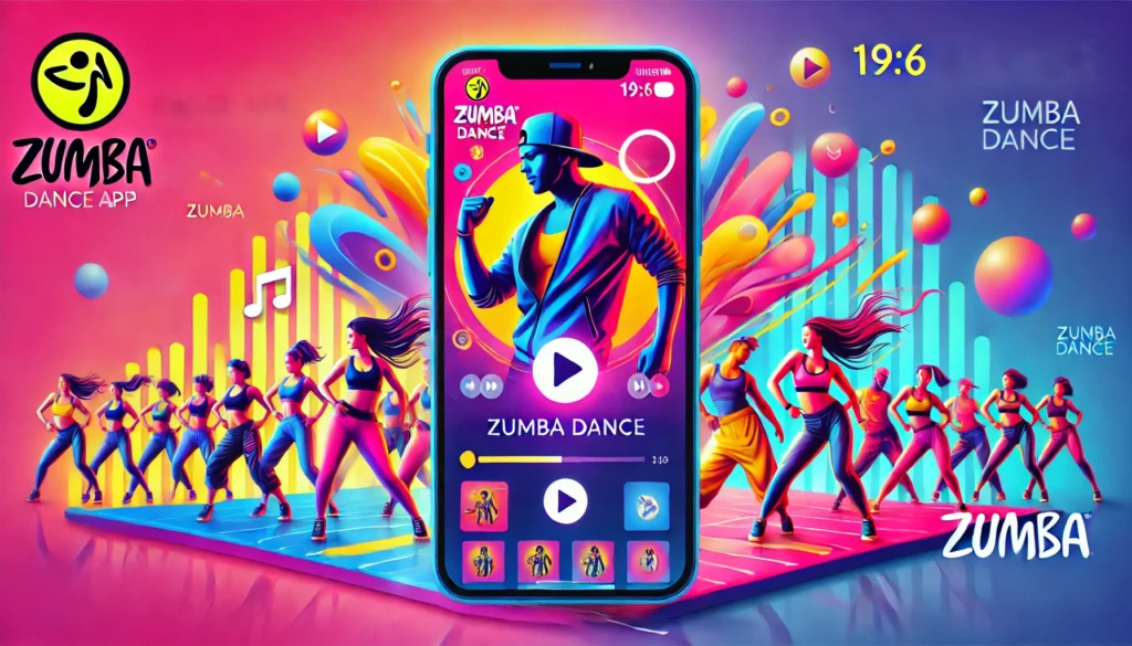 Interface de um aplicativo para aprender Zumba, com cores vibrantes e uma instrutora virtual demonstrando passos de dança.