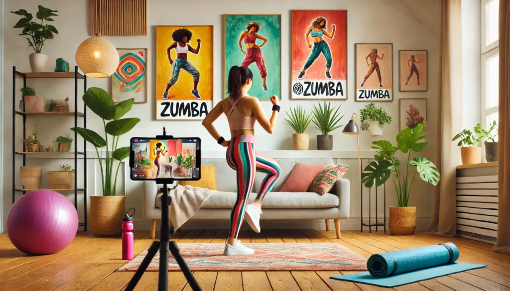 essoa praticando Zumba em uma sala pequena e acolhedora, com decoração vibrante e um smartphone transmitindo uma aula de Zumba.