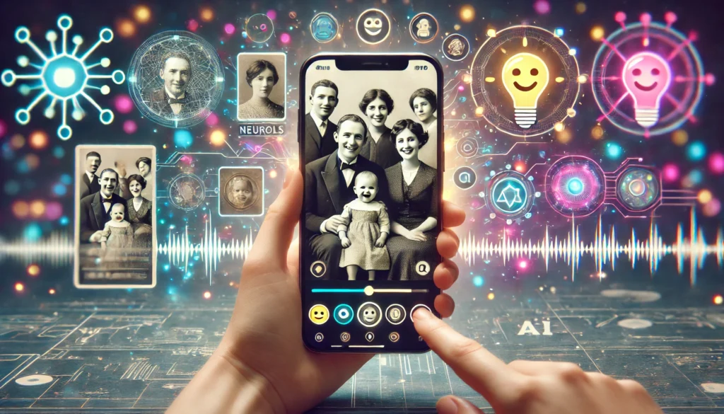 Imagem mostrando uma aplicação de inteligência artificial animando uma foto de família. A imagem exibe um retrato clássico em preto e branco sendo transformado em um vídeo animado colorido em um smartphone. Elementos como sorrisos, piscadas e movimentos sutis da cabeça indicam a transformação. O fundo inclui efeitos digitais, redes neurais e luzes coloridas, simbolizando a tecnologia de IA.