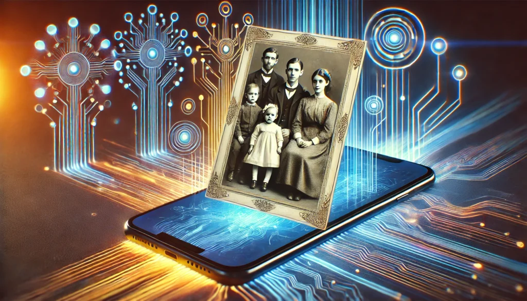 Smartphone mostrando uma foto antiga de família animada com tecnologia de Inteligência Artificial, com linhas futuristas ao fundo.