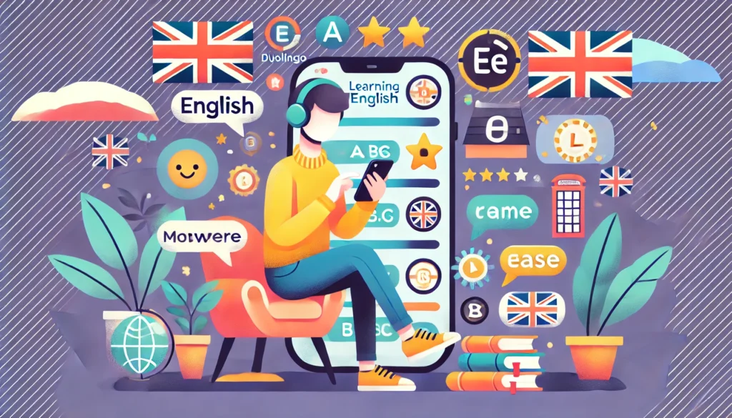 Pessoa estudando inglês com aplicativos no celular, elementos interativos como letras e ícones flutuando ao redor.