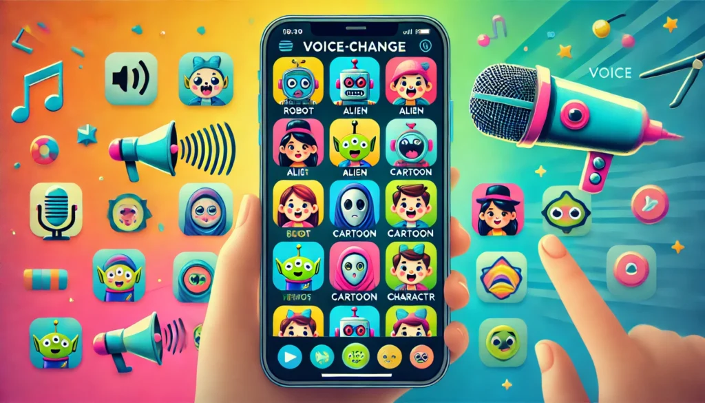 Tela de smartphone com a interface de vários aplicativos de mudança de voz, exibindo ícones divertidos de efeitos como robô, alienígena e personagem de desenho animado.