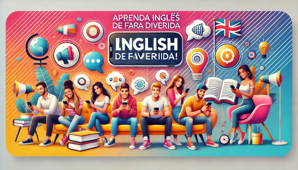 Grupo de pessoas usando smartphones em ambiente descontraído para aprender inglês, com ícones educativos e design motivacional.