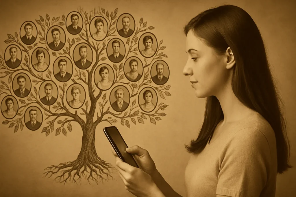 Mulher jovem observando seu celular enquanto, ao fundo, uma árvore genealógica em estilo artístico se ramifica com retratos antigos de antepassados em tom sépia