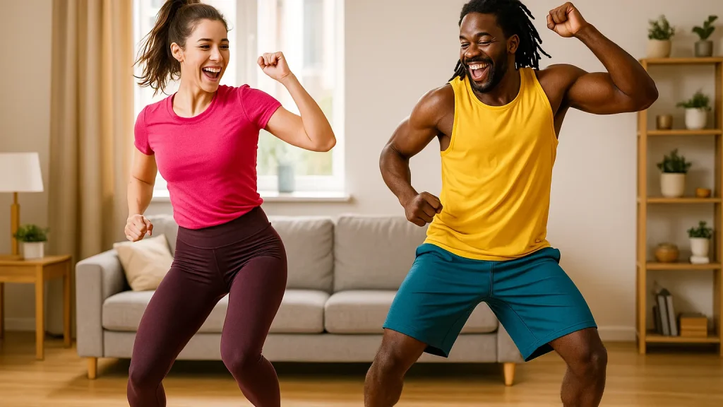 Casal jovem dançando zumba alegremente na sala de casa, com roupas esportivas coloridas