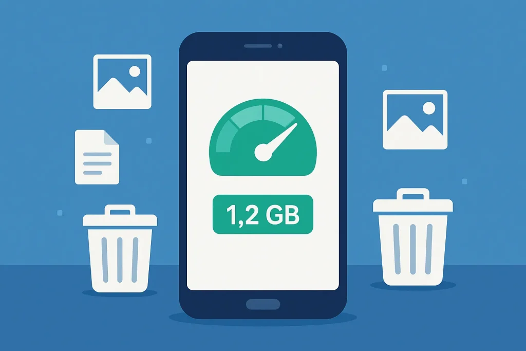 Smartphone com indicador de mem贸ria liberada e 铆cones sendo descartados.