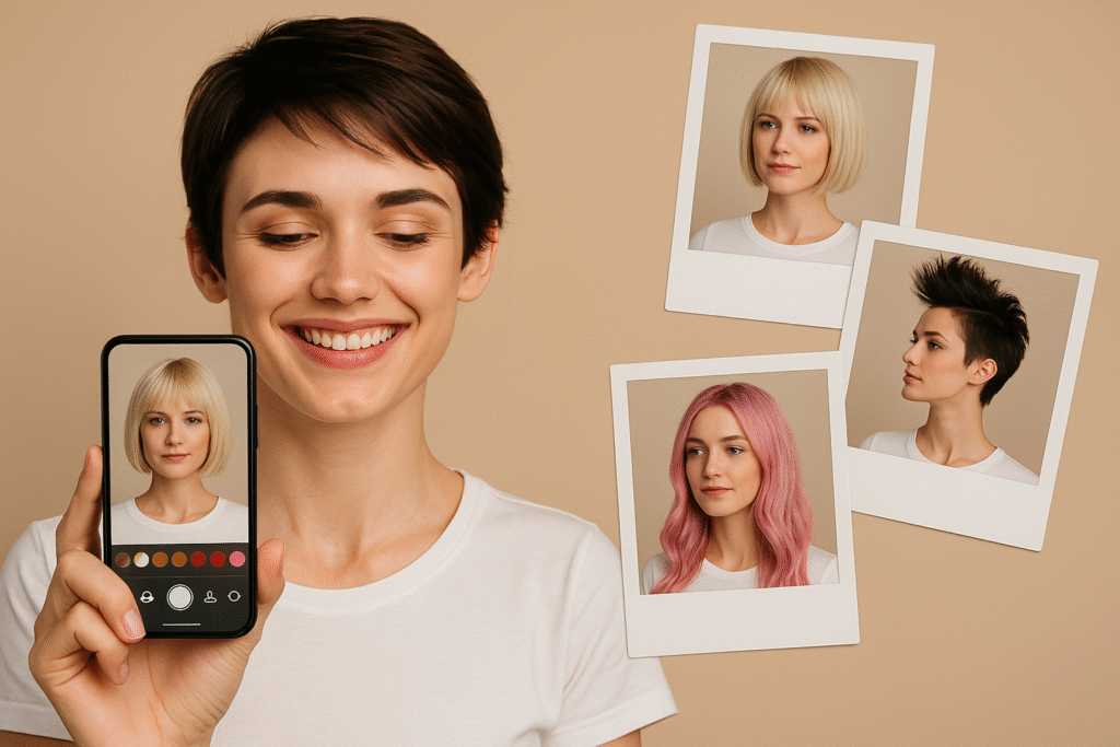 Mulher sorridente com cabelo curto testa novos visuais no celular, ao lado de três fotos com estilos diferentes: loiro curto, moicano preto e rosa comprido