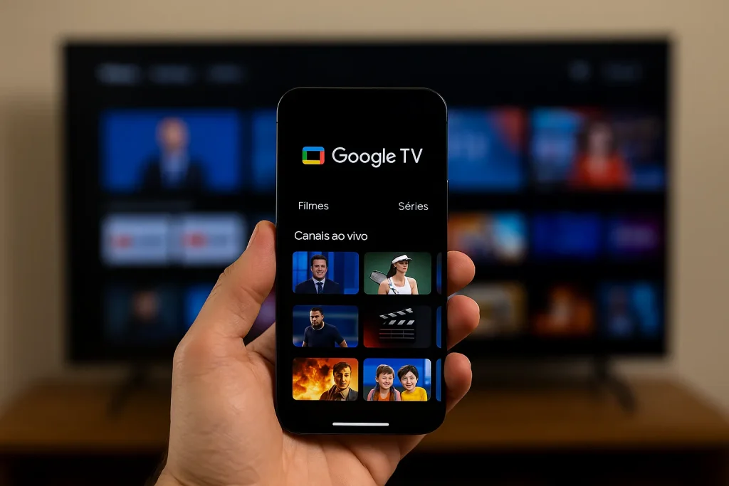 Pessoa segurando o celular com o app Google TV aberto, em frente à TV