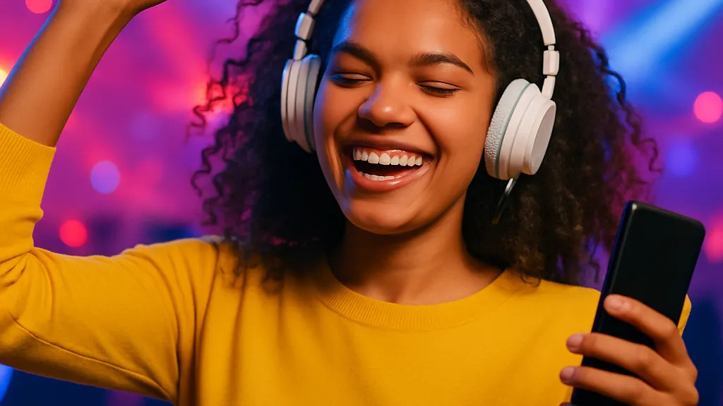 Jovem sorridente dançando com fones de ouvido e segurando um celular em uma festa com luzes coloridas ao fundo, representando o uso de aplicativo para ouvir música grátis.