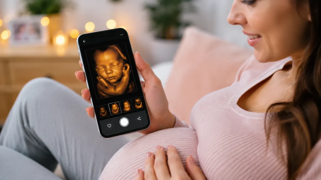 Gestante sorrindo enquanto segura celular com aplicativo de ultrassom virtual exibindo imagem 3D do bebê em ambiente aconchegante iluminado.