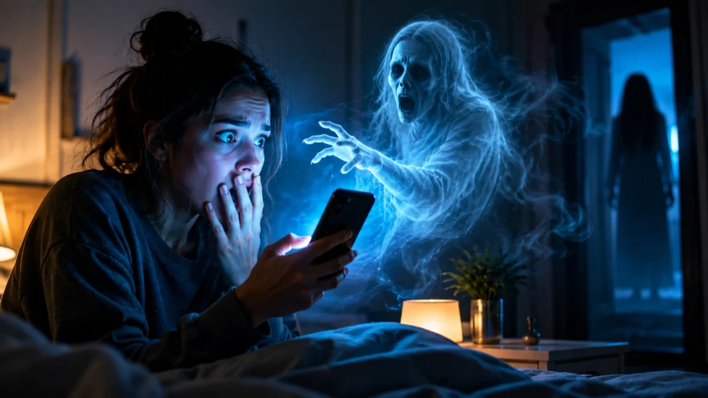 Mulher observando um smartphone durante a noite enquanto uma figura fantasmagórica translúcida aparece ao seu lado. A cena tem atmosfera de mistério e suspense, representando um aplicativo para conversar com fantasmas ou explorar fenômenos paranormais pelo celular.