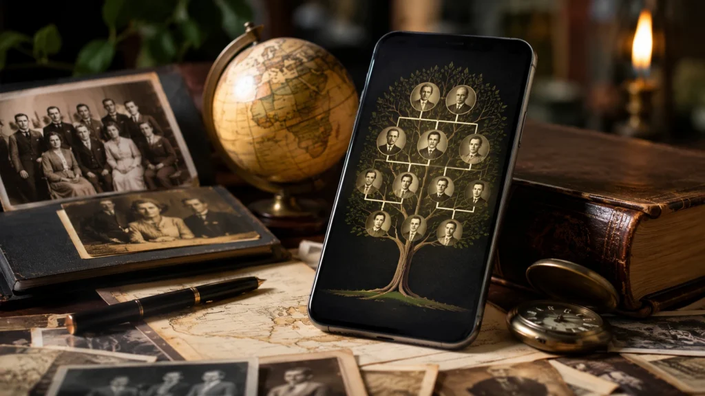 Smartphone exibindo uma árvore genealógica digital sobre uma mesa com fotografias antigas, mapas, livros e objetos históricos. A cena remete à pesquisa de sobrenomes, ancestralidade e descoberta das origens familiares, combinando tecnologia moderna com história da família.